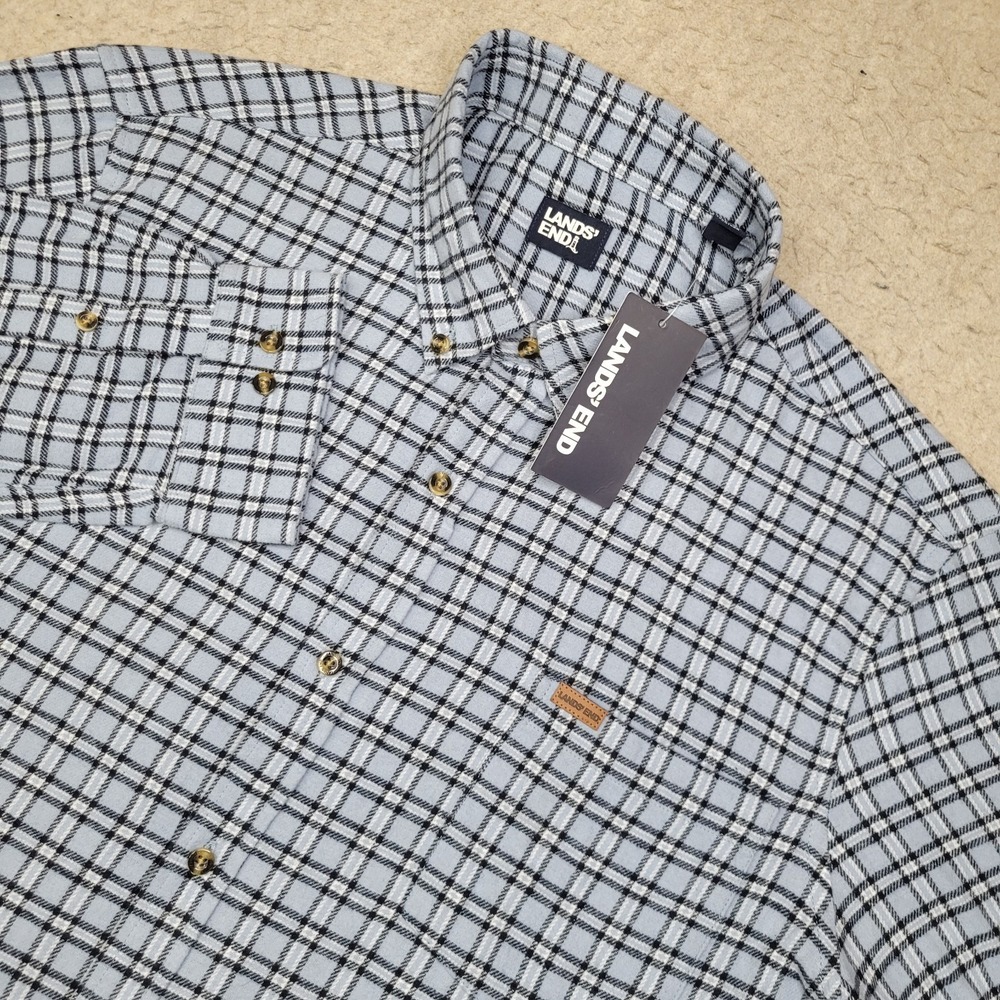 Lands End Flannel Shirt Mens 2XL Blue Plaid Long Sleeve Button Down Cotton NEW